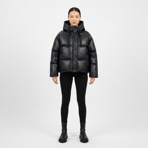 Luxury Puffer Jacket Black Faux‎ Leather Hooded Chunky Quilted Coat XL Zip Up